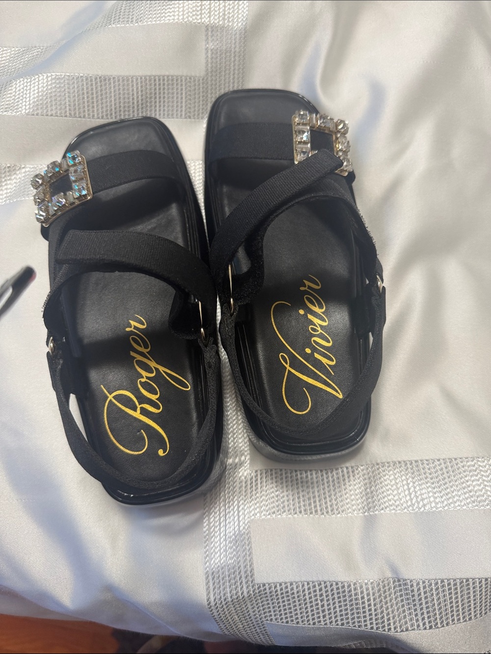 Roger Vivier Black Crystal-Buckle Strappy Sandals with Gold Logo